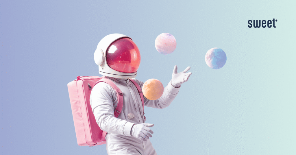 An abstract image of an astronaut juggling balls