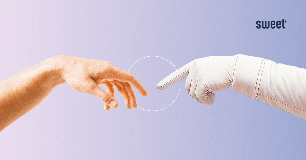 Close-up of a human hand reaching toward a gloved astronaut-style hand, fingertips almost touching, against a soft purple gradient background.